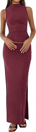 BTFBM Summer Two Piece Skirt Set for Women 2025 Dressy Lightweight Sleeveless Knit Top Going Out Split Maxi Skirt Set