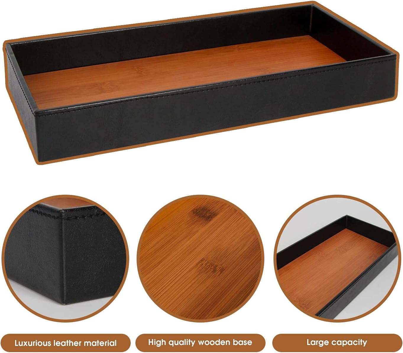 JACKCUBE Design Leather Bamboo Valet Tray for Men, Catch All Trays for Key, Phone, Wallet, Coin, Sunglasses, EDC Dump Storage (Black) - MK205A - Image 5