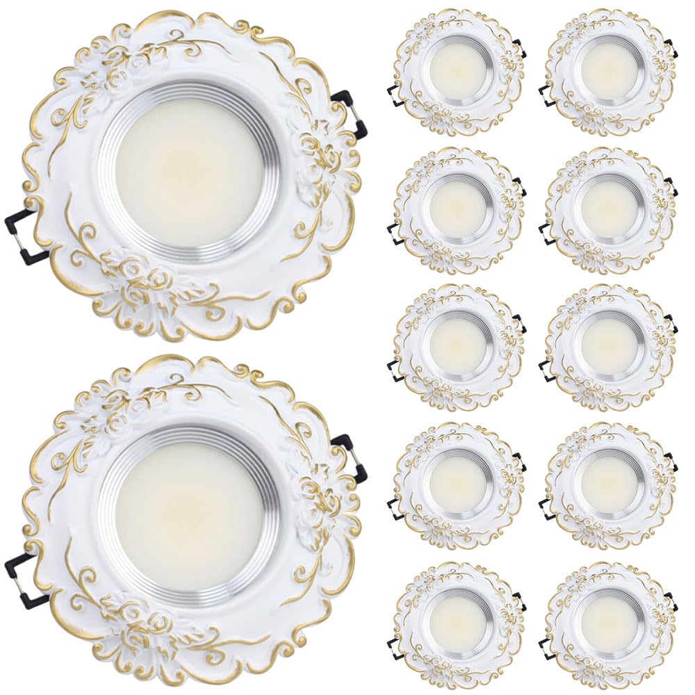 Paquetes De 12 Paquetes De Downlight Empotrado LED Blanco Regulable con Borde Deflector, 3CCT 3000K / 4000K / 6000K Ajustable, Lámpara De Techo De Estilo Europeo para Salas De Estar