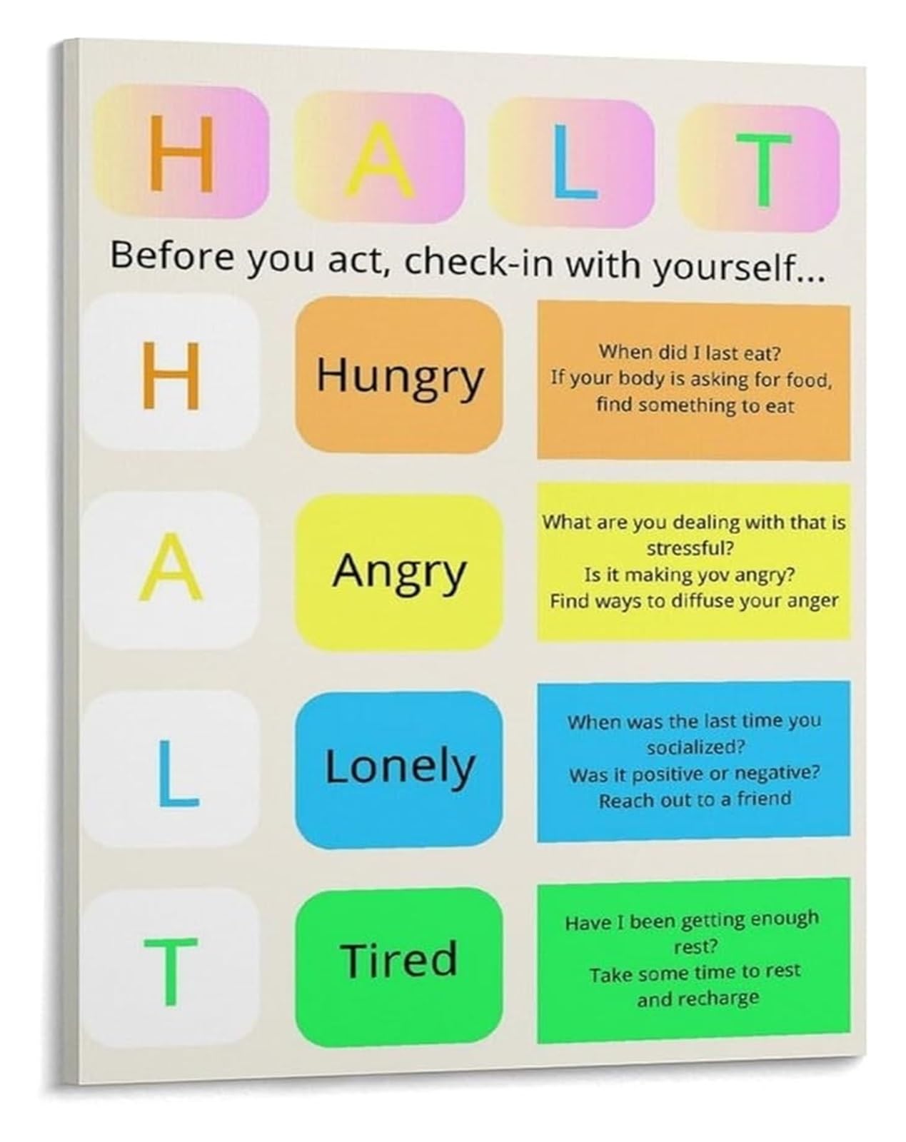 Mindfulness Self Care Poster HALT Method Hungry Angry Lonely Tired For Emotional Regulation Office Decor(Framed,08x12inch(20x30cm))