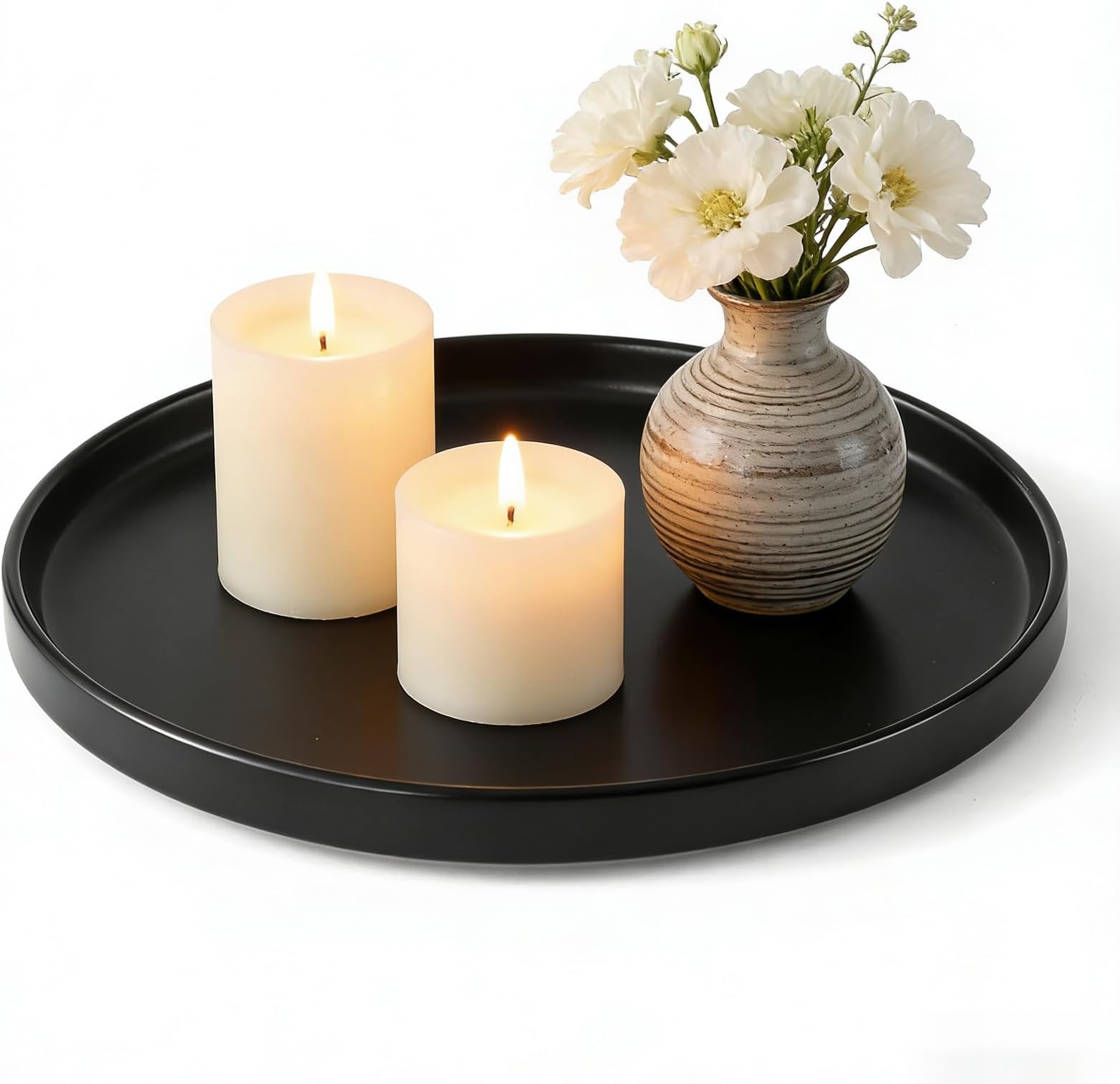 8.8" Black Ceramic Round Tray - Candle Plate Holder Tray, Decorative Vanity Trays for Bathroom Counter, Ceramic Tealight Pillar Trays, Coffee Table Decor, Perfume, Plant.