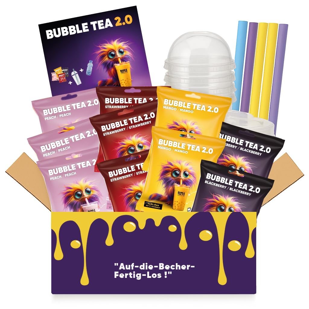 Bubble Tea 2.0 Party Set Erdbeere Pfirsich Mango Brombeere 10x Instant Bubble Tea mit Becher Deckel Strohhalme