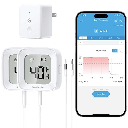 GoveeLife WiFi Refrigerator Thermometer with Alarm, Wireless Digital Freezer Temperature Gauge with App Control, LCD Display, 2 Years Free Data Export, for Home Kitchen Fridge Hot Tub 2 Pack