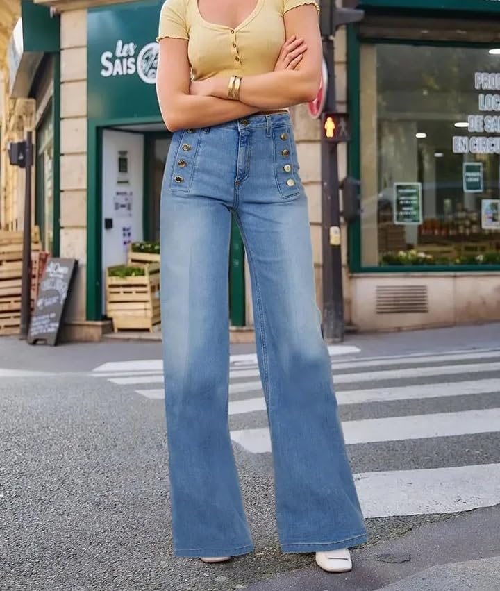 Women's Low Waist Double Breasted Stitch Detail Symmetry Button Stretch Flare Jeans Denim Trousers - Image 6