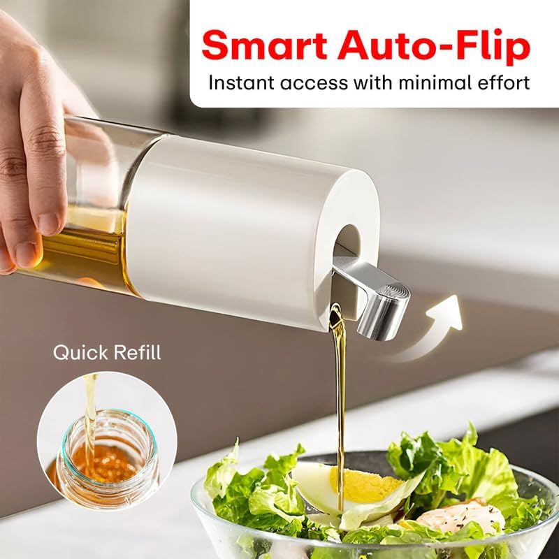 Image of PRIME PICK 500ml Glass Oil Dispenser Bottle with Auto Flip Cap, Stainless Steel No-Drip Spout, Leak-Proof Container for Olive Oil, Vinegar, Soy Sauce, Grey