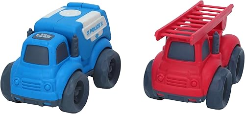 Zing Vehículos Plantastic City Paquete doble (tamaño pequeño) Coche de policía y camión de escalera Hecho de 40% material de paja de trigo