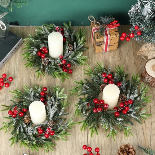 Image of 18 Pcs Christmas Candle Rings Wreath Mini Christmas Table Centerpieces Red Berry Pinecones Wreaths for for Front Door Kitchen Cabinet Holiday Party Farmhouse Porch Wall Outdoor Indoor Home Decoration