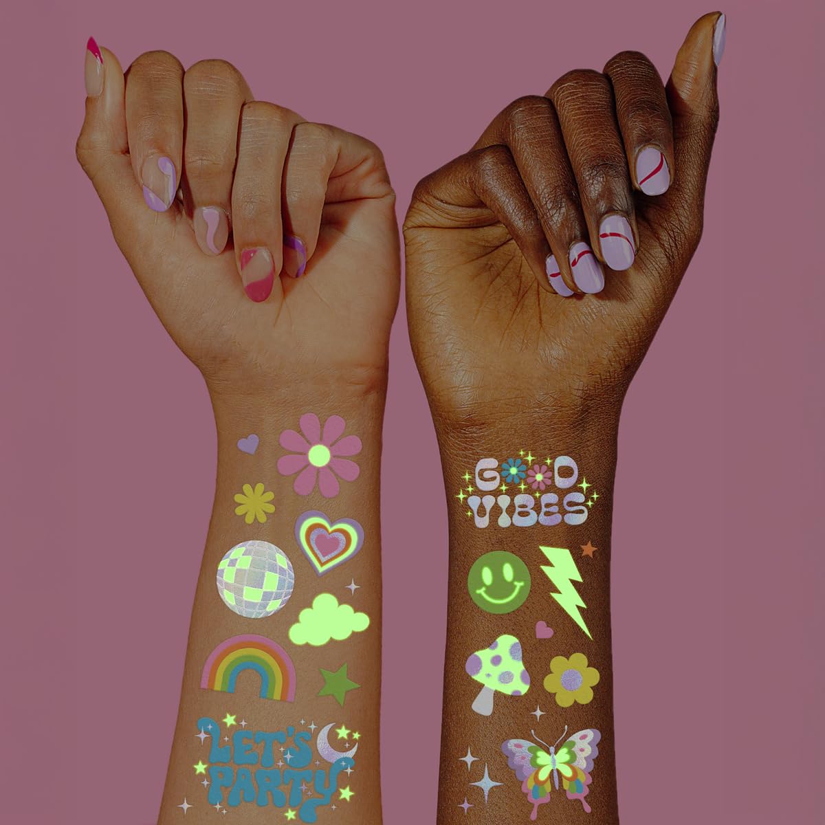 xo, Fetti Groovy Disco Glow in Dark + Foil Temporary Tattoos - 82 pc | Flower Power Birthday Party Supplies, Rave Bachelorette Party Favors, Smiley Decorations, Y2K, Rainbow Arts and Crafts