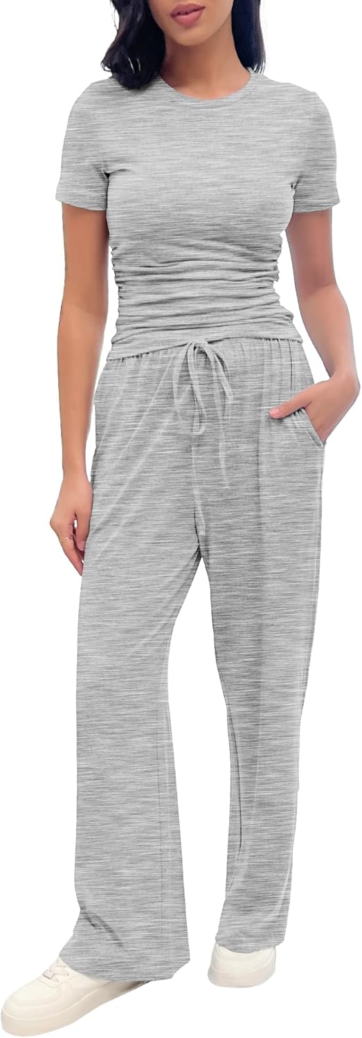 2 Piece Pajama Set for Women with Pockets, Short Sleeve Ruched Top, Wide Leg Pants with Drawstring, Soft Loungewear