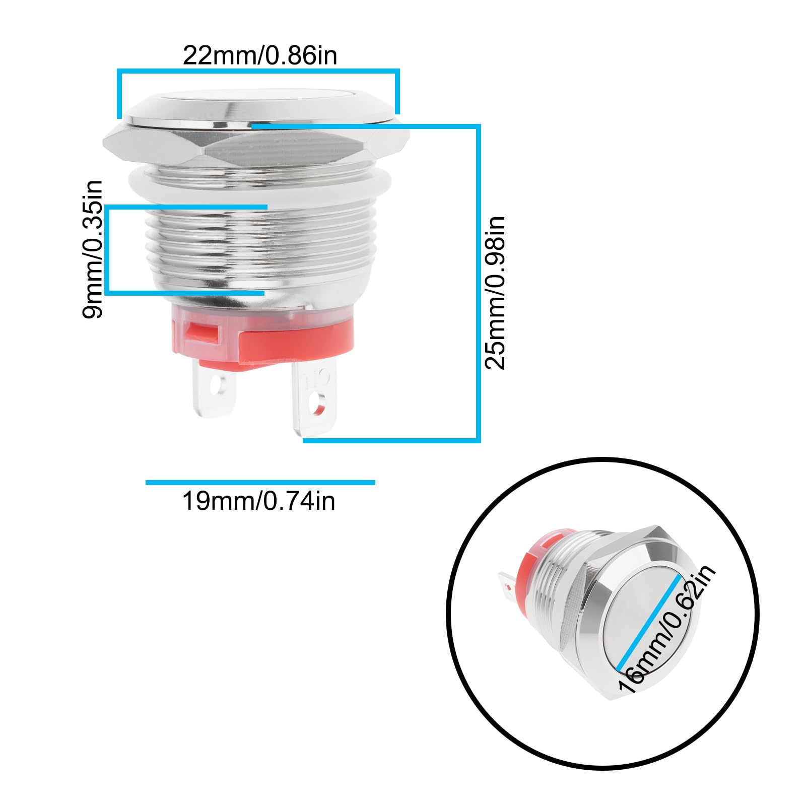 2 szt. 19 mm 2-pinowy krótki przycisk 20A/12-24V 15A/220V wodoodporny przełącznik chwilowy stal nierdzewna