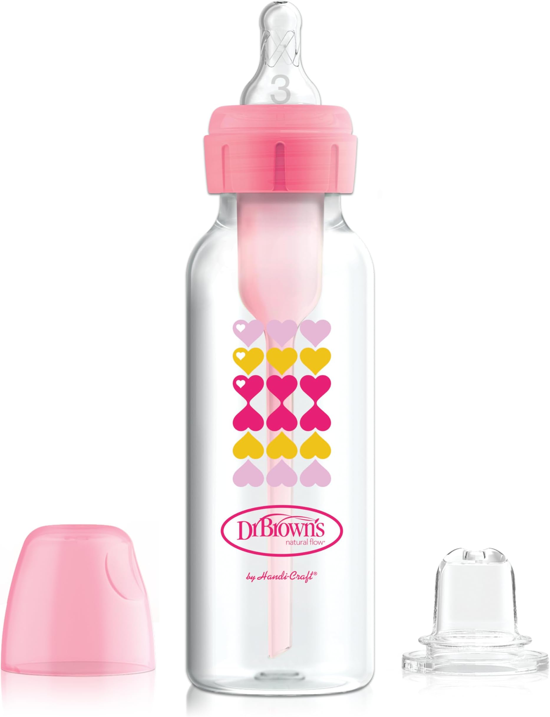 Dr. Brown's Anti-Colic Options+ Narrow Sippy Bottle Starter Kit, 8oz/250mL, with Level 3 Medium-Fast Flow Nipple and Soft 100% Silicone Sippy Spout, Pink, BPA Free, 6m+