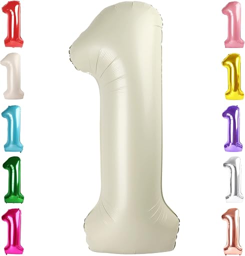 Number Balloons 1, 40 Inch One Balloons for 1st Birthday Girl Boy 1 11 21 Party Decorations Baby Shower Photo Shoot, Cream White 1 Balloon