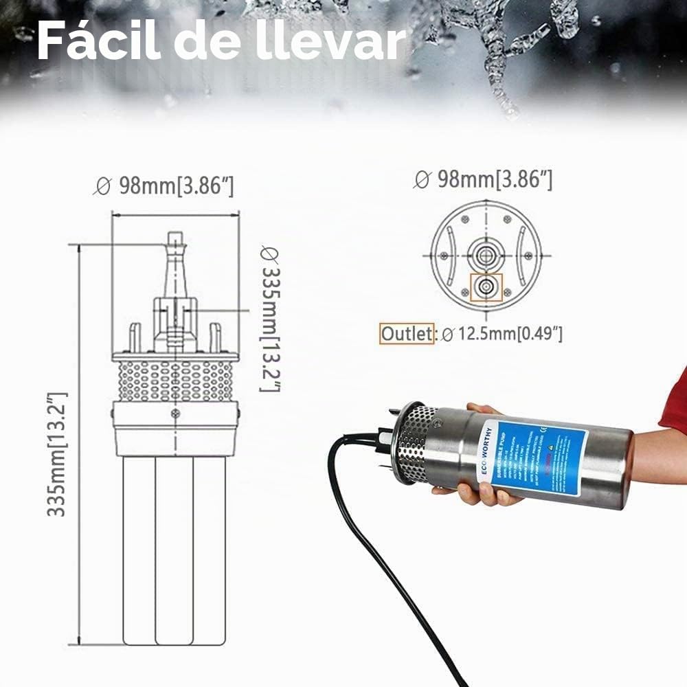 DCHOUSE Bomba Sumergible De Acero Inoxidable De 12 V, Elevación Máxima De 230 Pies, Bomba Sumergible Máxima De Agua De Pozo Profundo De 100 Pies, Bomba De Agua Con Energía Solar