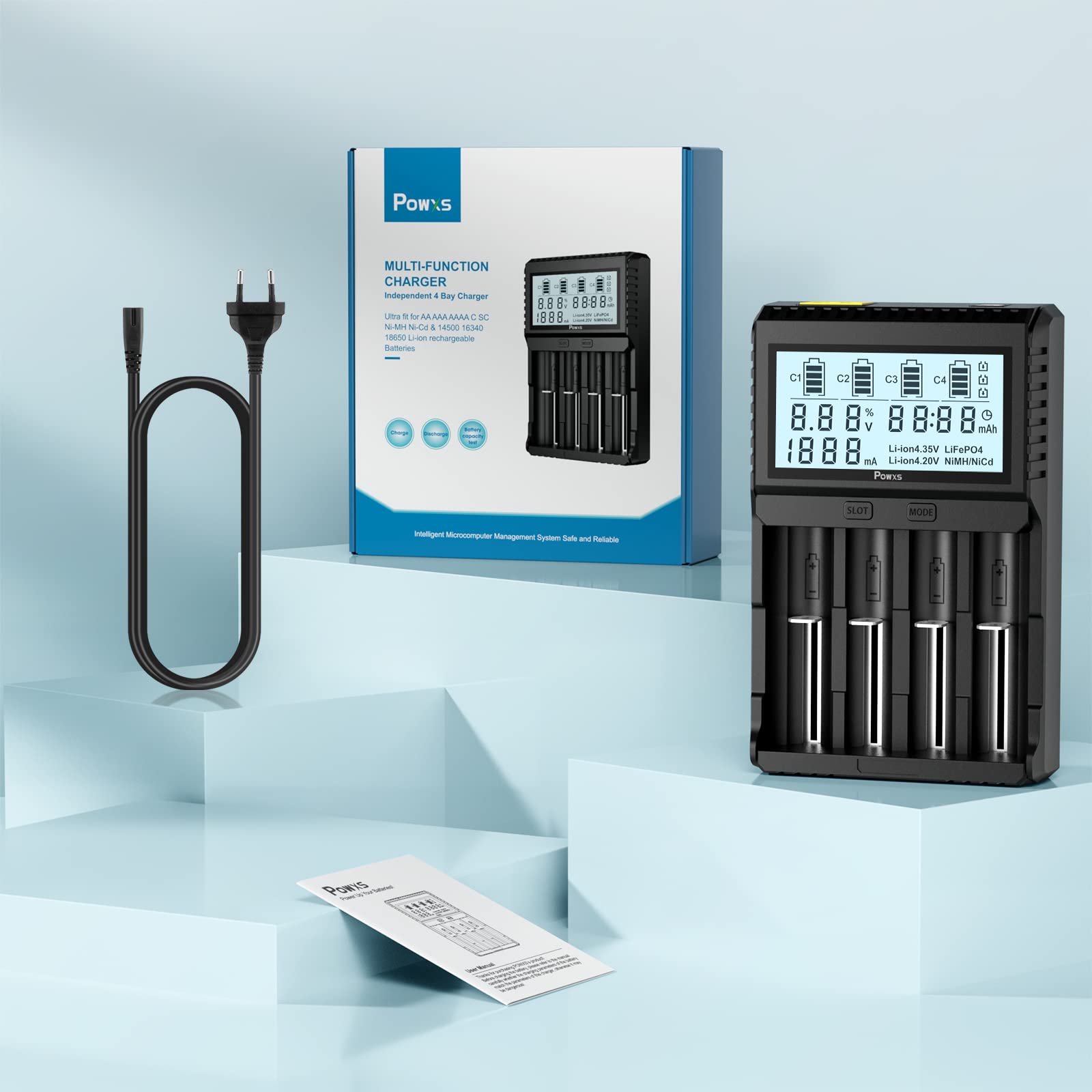 POWXS Universal Batterie Ladegerät, 18650 Akku Ladegerät mit Testfunktionen, LCD-Display Batterien Ladegerät für Li-Ion Lithium IMR NI-MH NI-Cd AA AAA C 26650 21700 18650 16340 14500 10440 RCR123