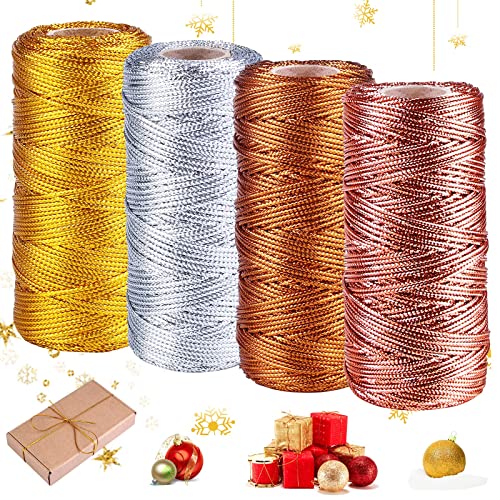 4 Rotoli Filo d'oro,Filo Dorato,1.5MM Tinsel Corda per Decorazioni,Cordoncino Metallico,Filo di Spago Natalizio,Cordoncino Oro per Artigianato Decorazione di Natale Confezioni Regalo Perline (400M)