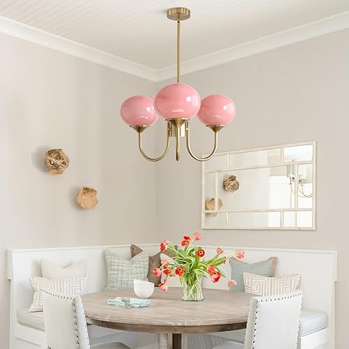 Miniatura 8 de BOKT Candelabro Sputnik moderno de color rosa cepillado con globo dorado Sputnik, 3 luces colgantes de cristal de mediados de siglo, altura