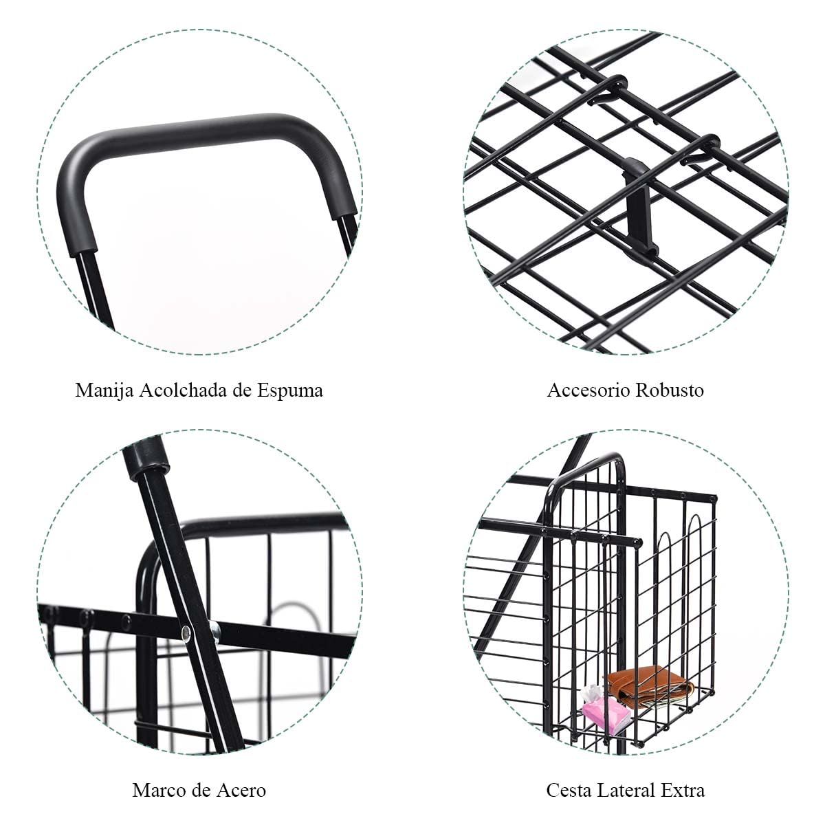 COSTWAY Carro de Compras Plegable de Doble Cesta, Carro de la Compra Portátil con Ruedas, Manija Ajustable, para la Lavandería 35,5 x 30,5 x 46 cm (Negro)