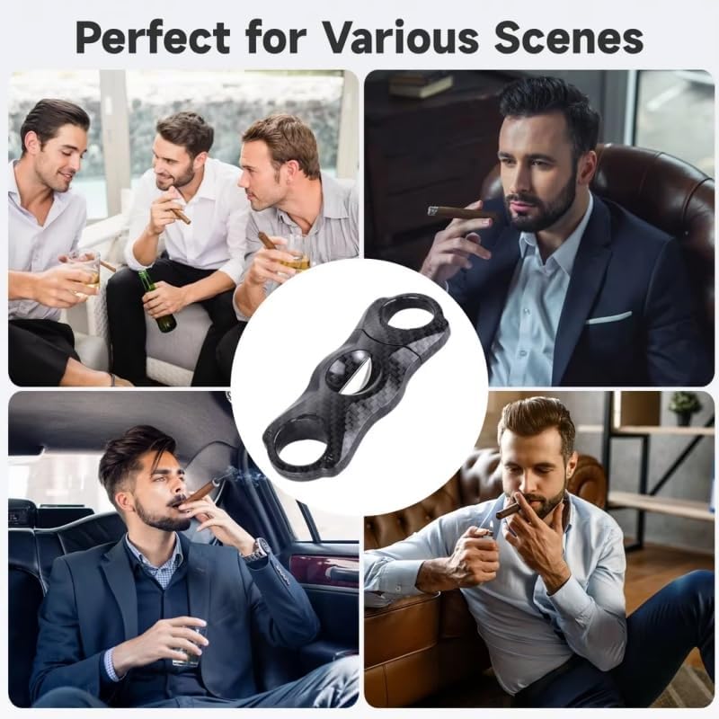ZUC Professional Cigar Cutter, Precision Double Blade Guillotine Tool, Modern Carbon-Fiber Texture Oval Clipper, Ergonomic Dual-Loop Metal Accessory(B)