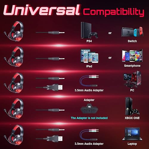 Miniatura 2 de BENGOO Auriculares para juegos para PS4, PS5, Xbox One, controlador de PC, aislamiento de ruido, auriculares con micrófono, luz LED roja, sonido