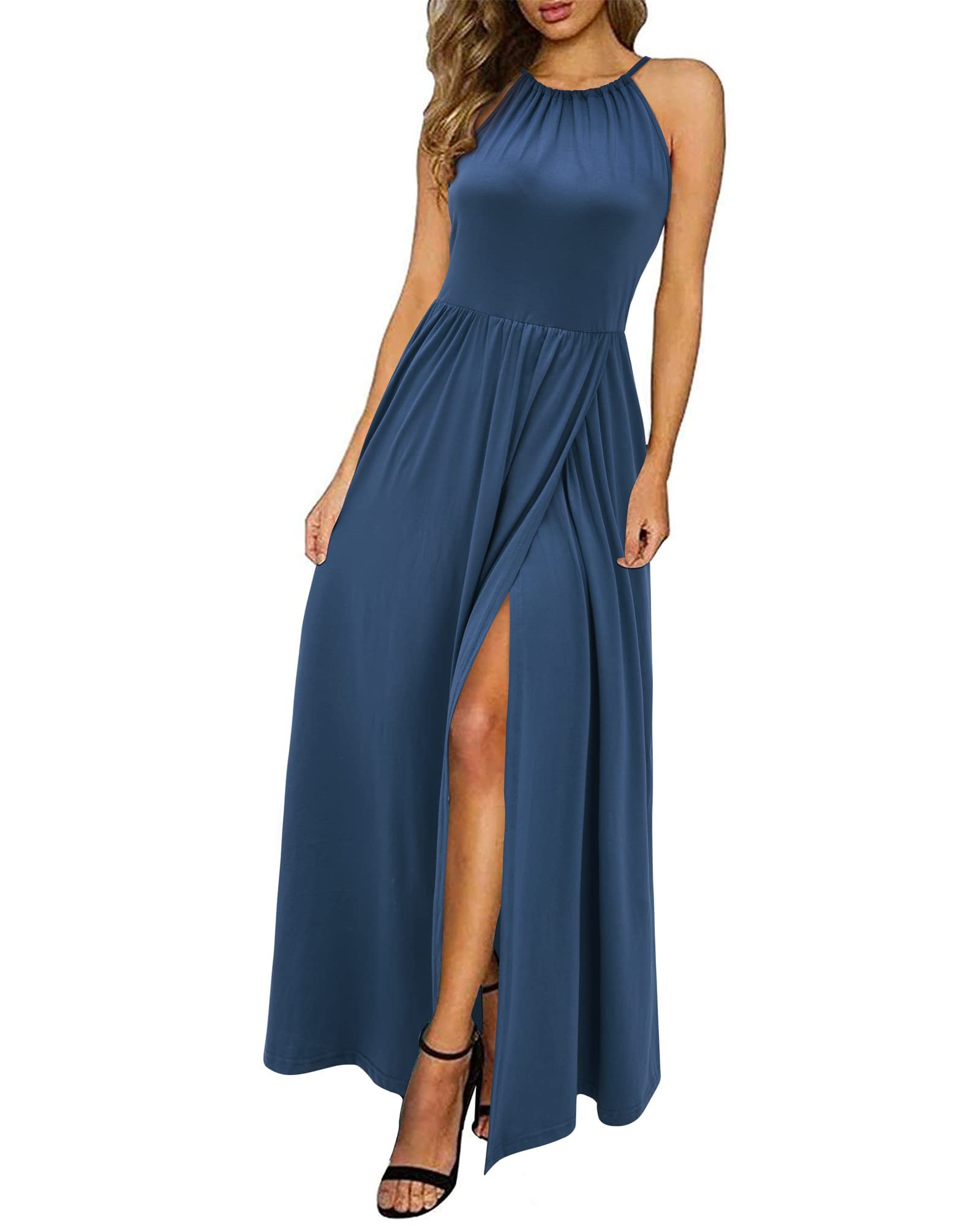 KILIG Women's Summer Maxi Halter Neck Solid Color Casual Sleeveless Beach Split Long Dress with Pockets (Navy, X-Large)
