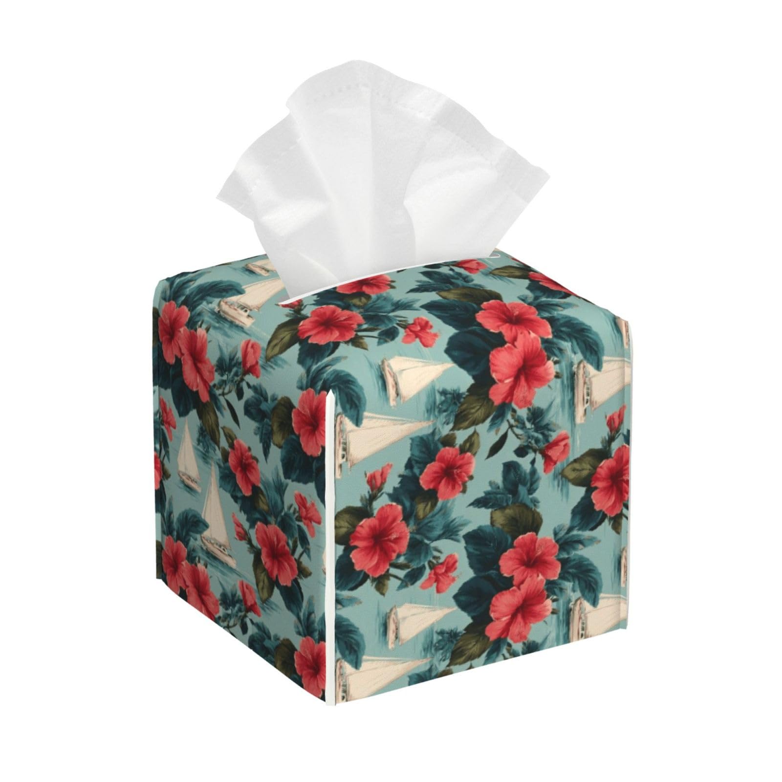 Hawaiian Red Flower Sailboat Print Tissue Box Cover Holder Square, Foldable Modern Cube Tissue Box Cover, Leather Decorative Organizer for Tabletop Bathroom Car Office Desk Decor