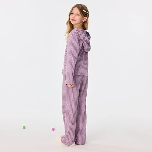 Girls 2 Pieces Outfits Lounge Set Knit Hoodies Flare Pants Sweatshirts and Sweatpants Kids Tracksuits 5-14 Years(Purple,13-14 Years)