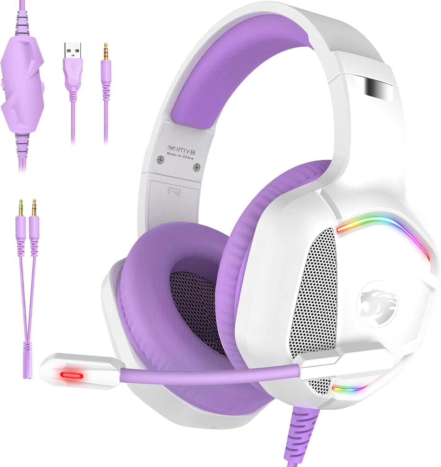 Casque de jeu avec microphone pour PC, Xbox One Series X/s, PS4, PS5, Switch, casque stéréo filaire supra-auriculaire avec micro RVB, pour ordinateur, ordinateur portable, Mac, Nintendo (blanc violet)