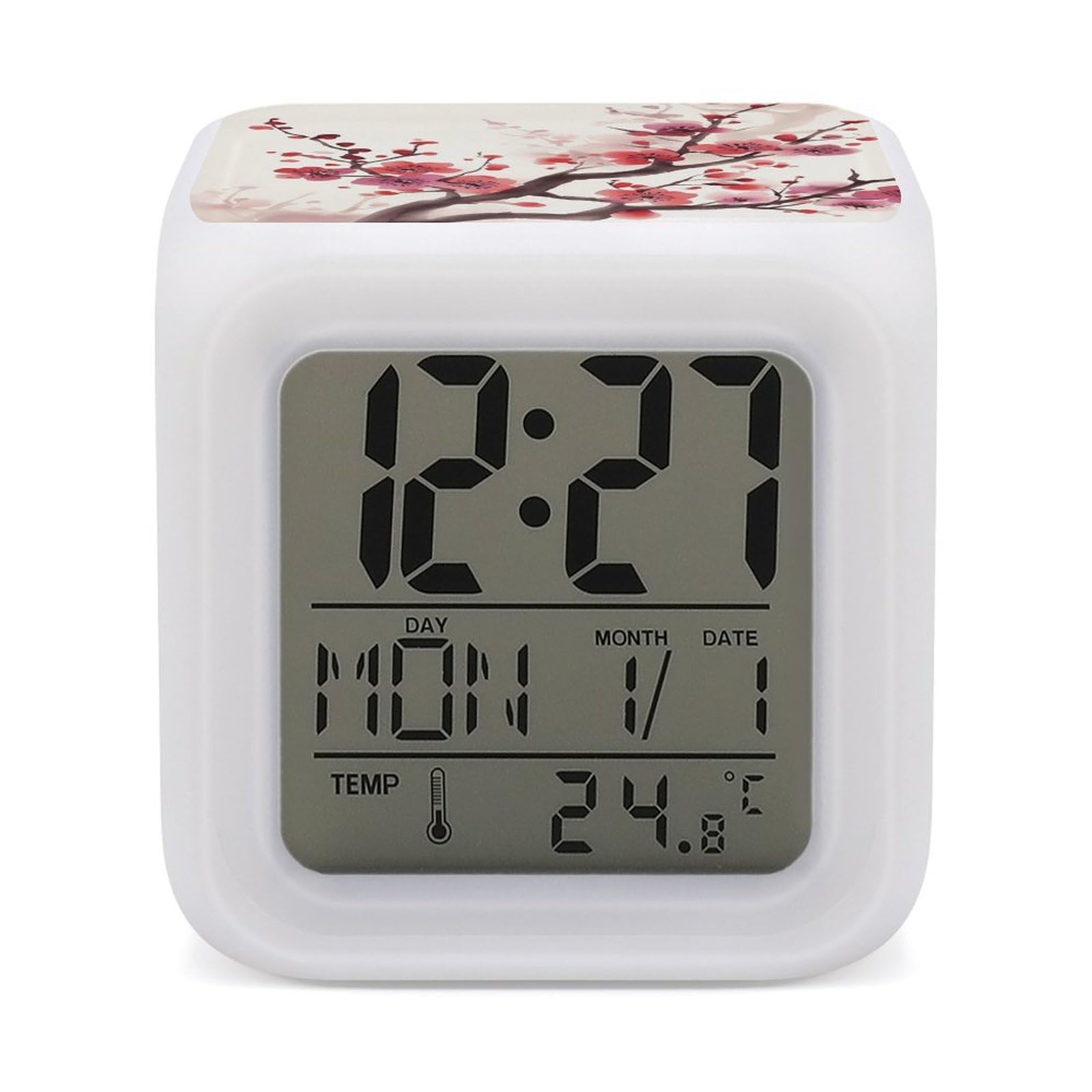 Reloj despertador japonés con flores de ciruelo LED para mesita de noche en dormitorios infantiles