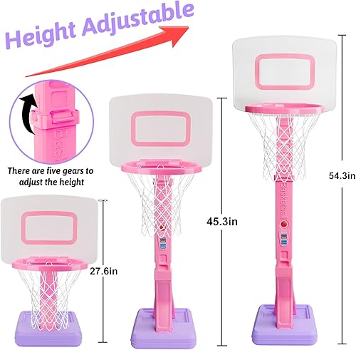 Miniatura 4 de Mini aro de baloncesto para niñas pequeñas, color rosa, ajustable, con bomba de bola para exteriores, juguetes junto a la piscina para patio