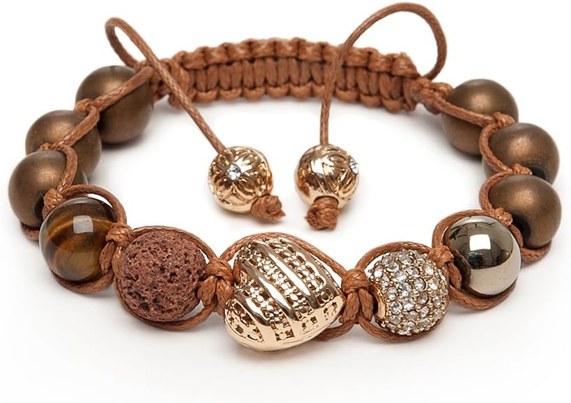 Bracelet Unique Nneka Tigers Eye Pyrite Gemstone Beads Lava Gold Heart Clear Pave Zircon Crystal Hematite Hand-Made in Britain Zodiac Capricorn Leo A4