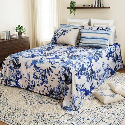 Image of Digitally Printed Premium Bedsheet Set | 300 TC 100% Cotton 1 Queen Bedsheet Set | Extra Smoothness with Sateen Weave| Blue Bird Bedsheet Set (1 Flat Sheet + 2 Pillow Cases)