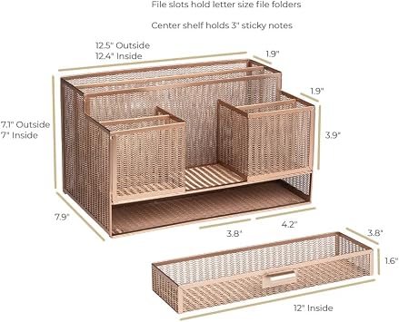 BLU MONACO | Rose Gold Desk Organizer with Sticky Note & File Holder | Metal Mesh Desktop Organizer with Large Drawer & 8 Compartments | Stylish Office, Vanity & Countertop Storage