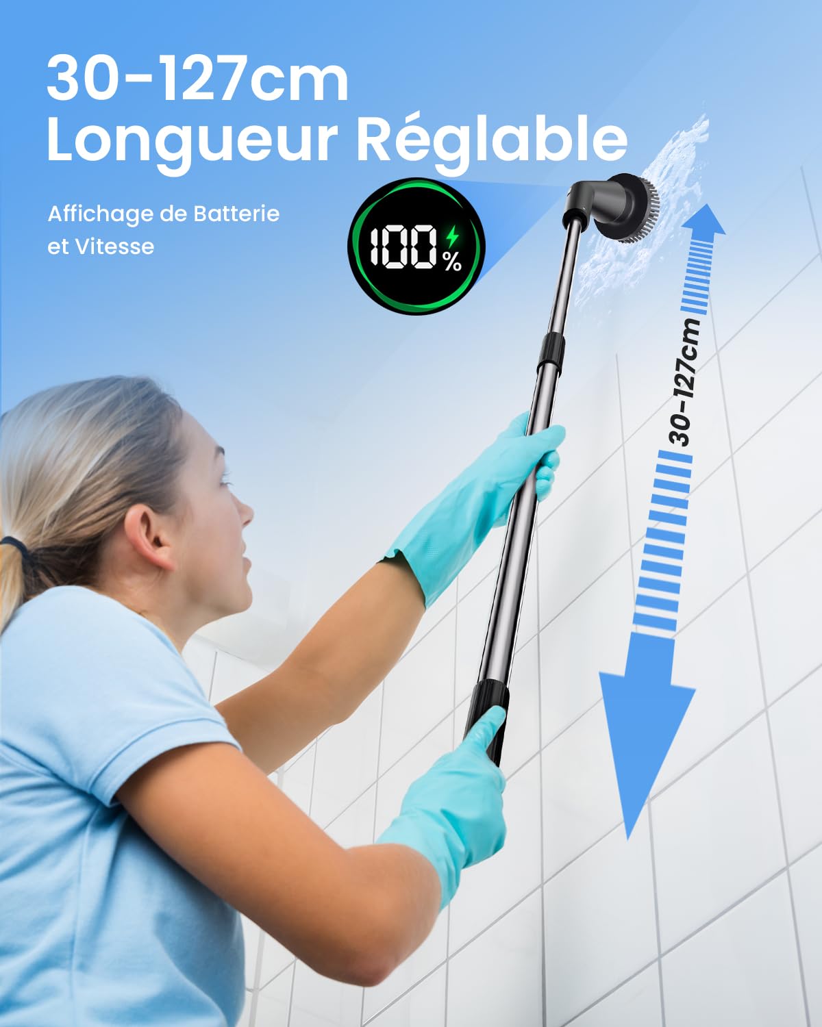 Leebein Brosse Électrique Nettoyage, 2025 Brosse Rotative Améliorée Étanche IPX7 avec 7 Têtes de Brosse, Manche Extensible et 2 Vitesses pour Salle de Bain, Sol, Cuisine et Voiture