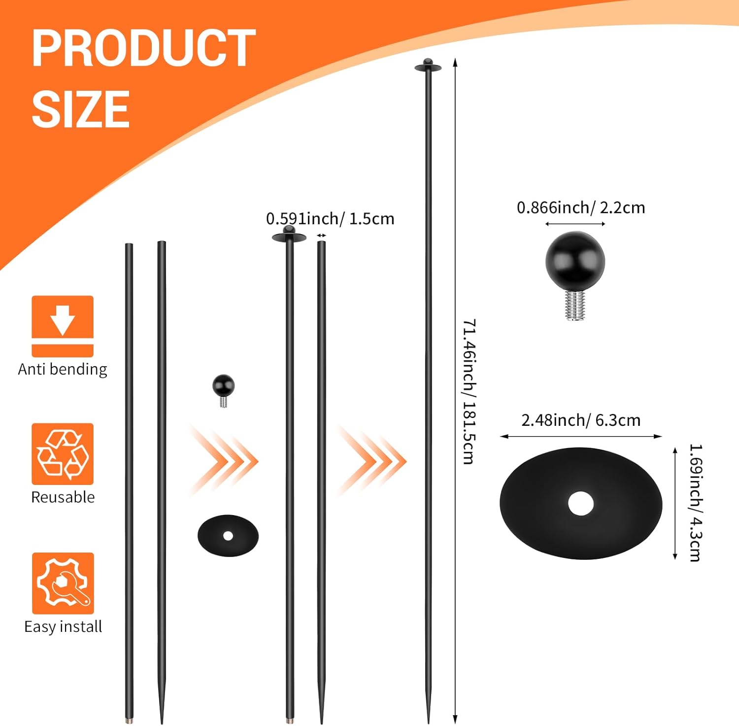 6 Sets Garden Stake Netting Support, Heavy Duty Metal Garden Poles for Netting, Powder Coated Carbon Steel Lawn Plant Support Cage, 72 Inch Garden Fencing Protection Frame