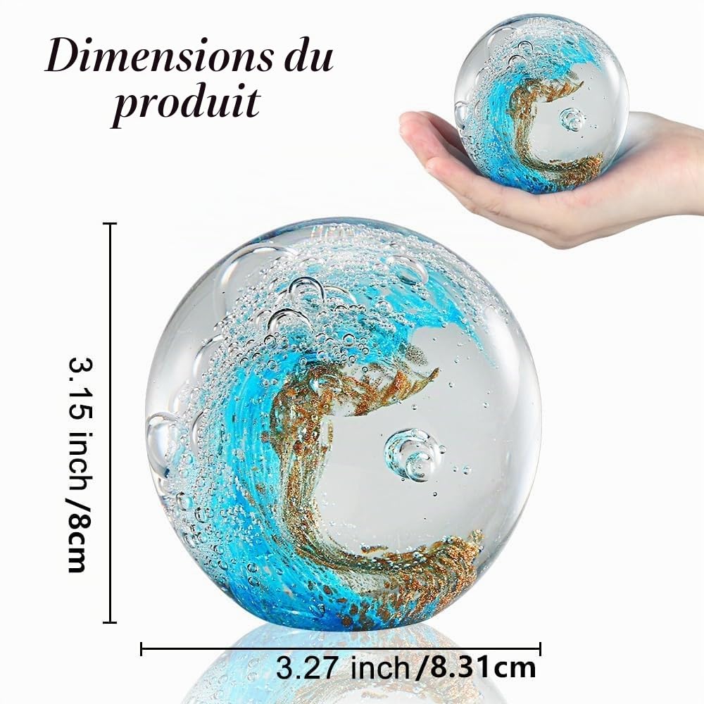 Presse-papier Boule en verre, Figurines en verre soufflé à la main Boule Vagues de l’océan, Décoration de maison, Collection, Décoration d’aquarium, Décoration de bureau pour les amoureux de l’océan