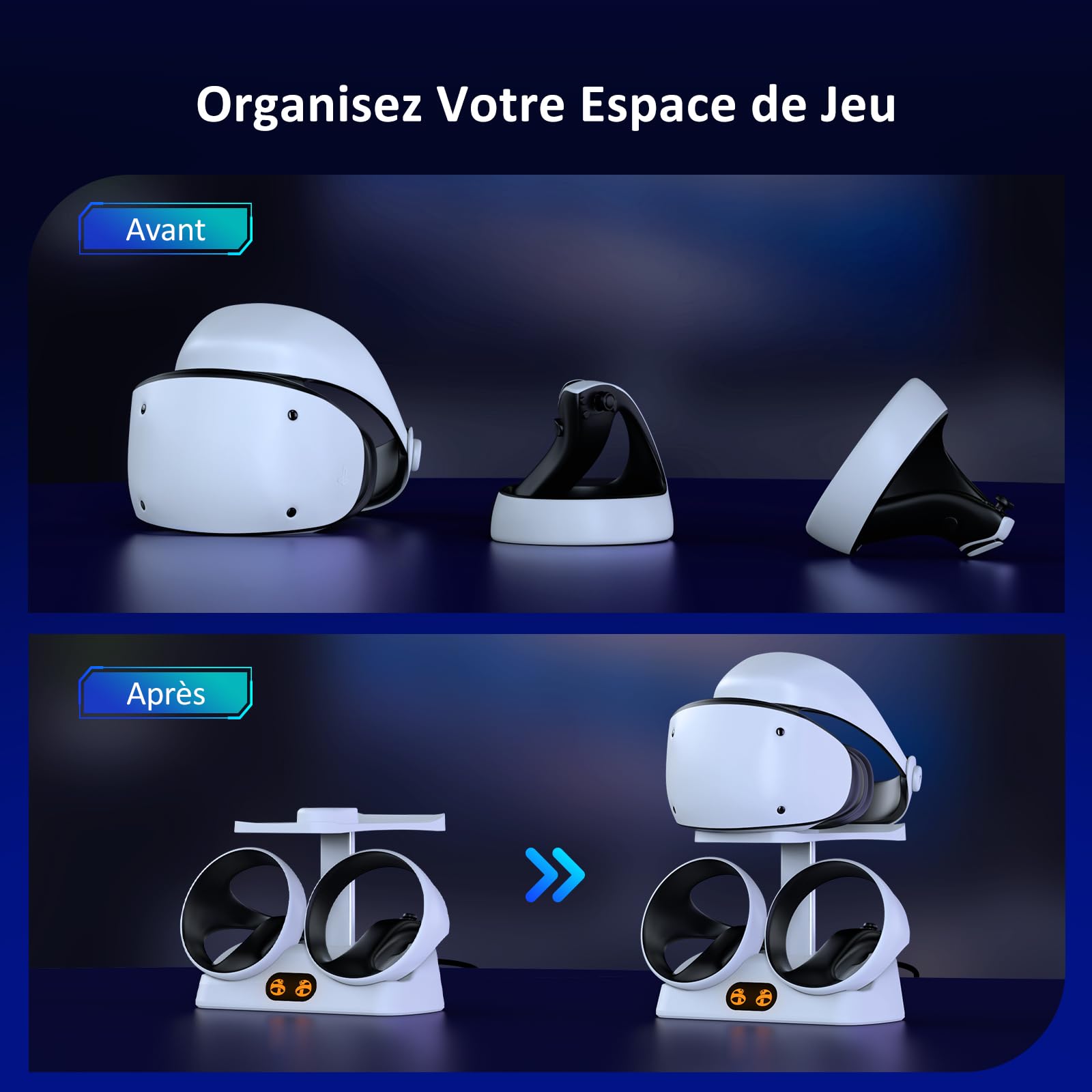 NexiGo Station de Recharge pour Manettes pour PSVR2, Double Socle de Recharge Rapide avec Lumière LED, Support d'affichage pour Casque et Fixation pour manettes, connecteur magnétique, Blanc