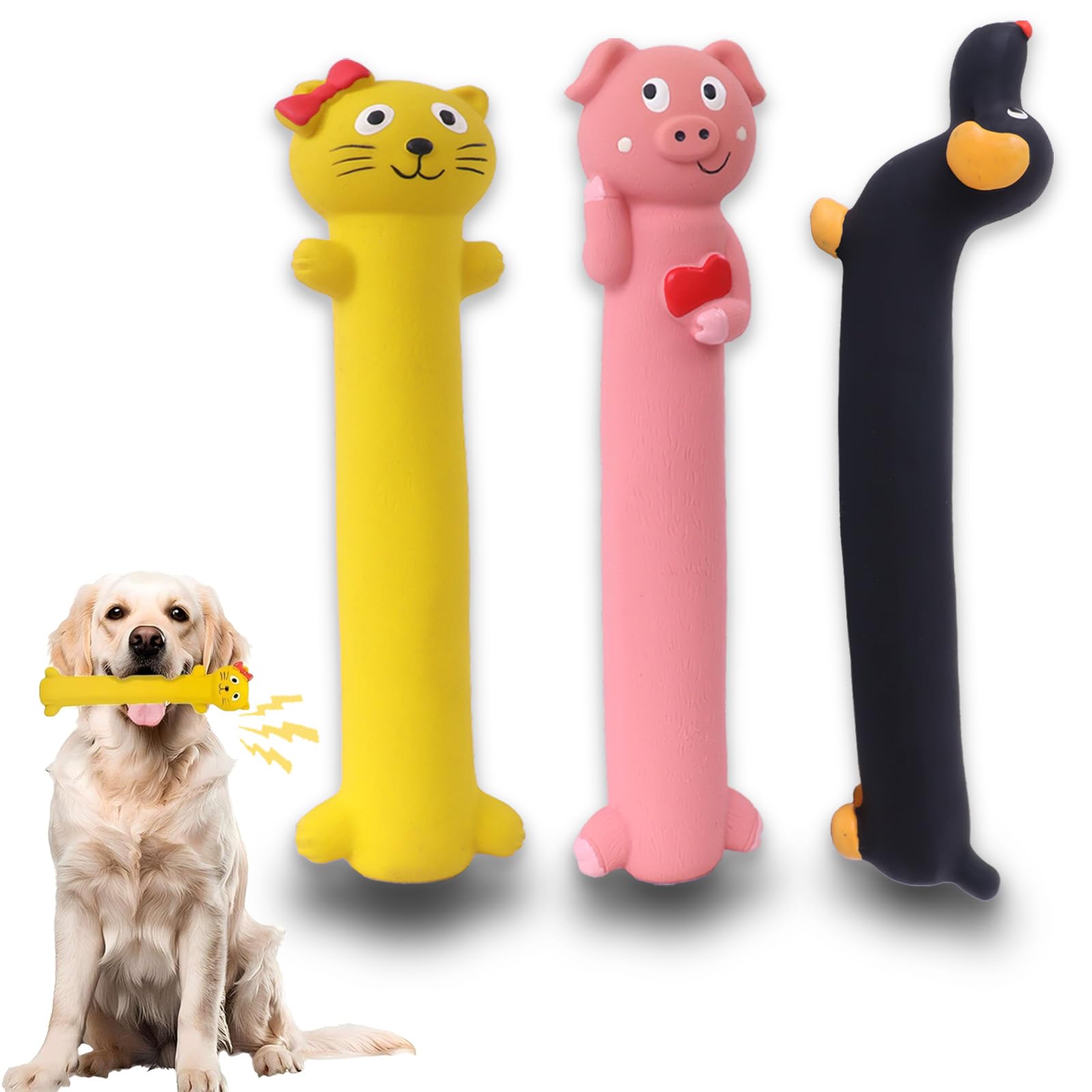 Confezione da 3 giocattoli per cani in lattice da 22,6 a 27,7 cm, colori assortiti per razze medie e grandi (giallo, rosa e nero)