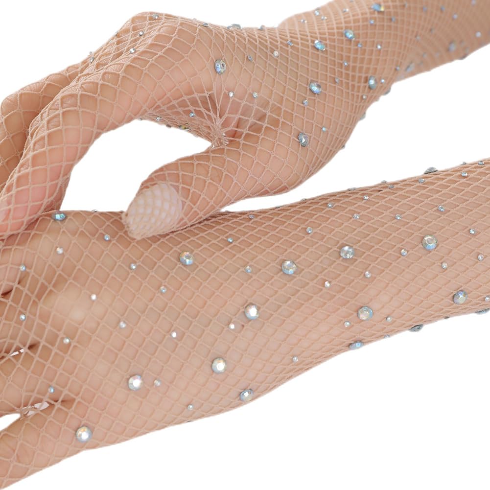 JIHUOO Rhinestone Long Sparkly Mesh Opera Gloves - Fishnet Halloween Costume Tea Party Gloves in Nude Color - Image 3