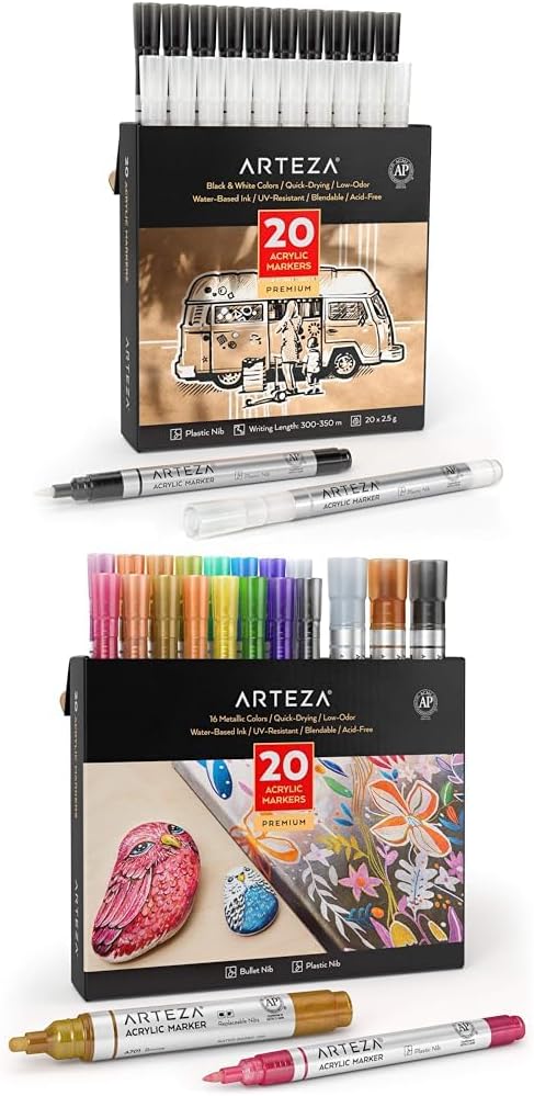 ARTEZA Acrylic Paint Markers, Pack of 20 and Metallic Acrylic Paint Markers Set of 20