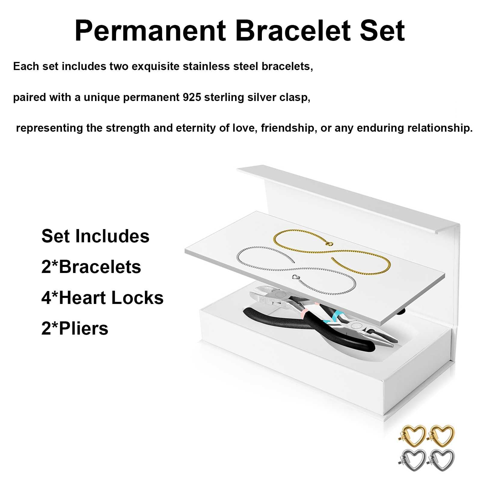 Kit di Braccialetti Permanenti Bracciale Bloccato Fai-da-Te con 4 Pezzi di Chiusura a Forma di Cuore per Anniversario, Compleanno, Famiglia, Regalo di Amicizia