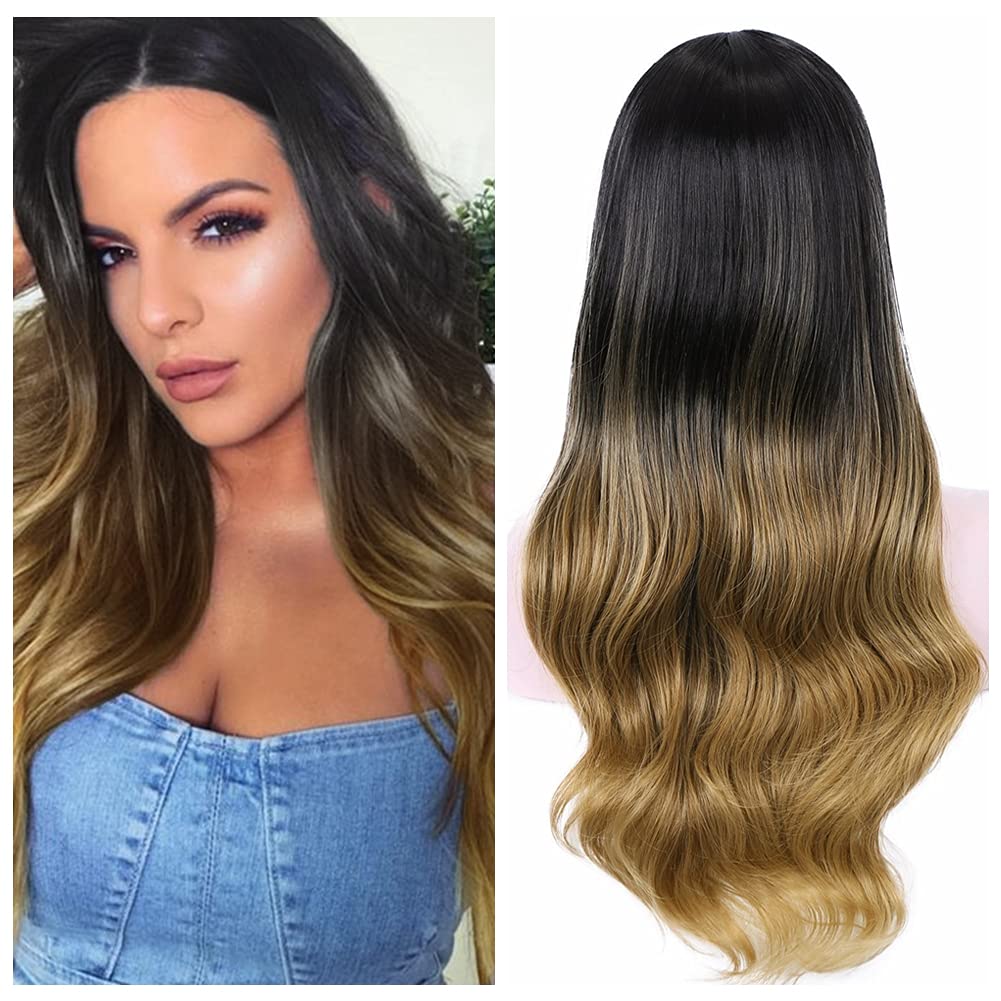 Quantum Love Ombre Wig Brown Wig for women Long Wavy Wig Synthetic Curly Wavy Wigs Black to Light Brown Wig Middle Part Heat Resistant Hair for Daily Party Use