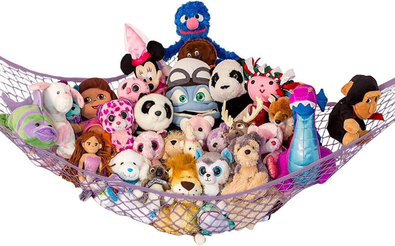 Lilly's Love Large Stuffed Animal Hammock | Corner Hanging Organizer, Stuffed Animal Storage | Easy to Hang Plushie Net w/Included Anchors &amp; Hooks | Cute Room &amp; Bedroom Decor (Pastel Purple)