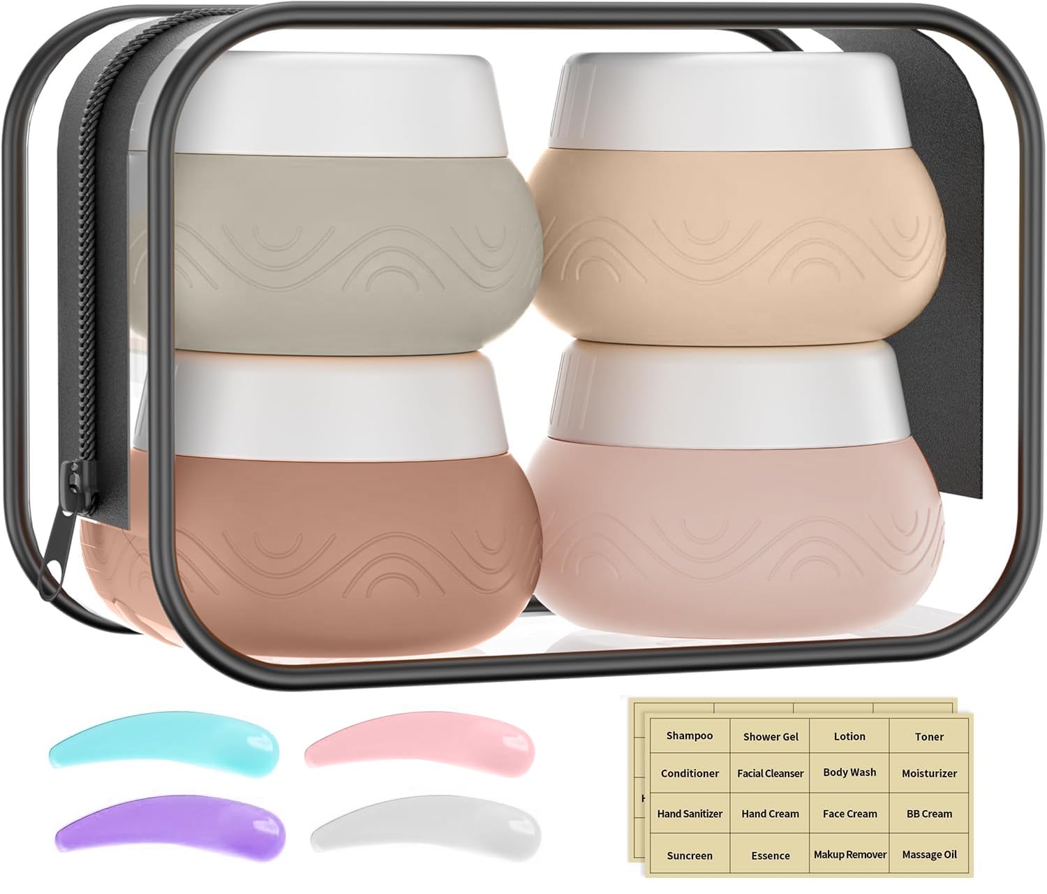 stvin Silicone Travel Container Organizers with Clear Bag, Name Stickers, and Scoops for Toiletries, Face, Hand & Body Creams - Set of 4, 30ml (Beige)-picture-48