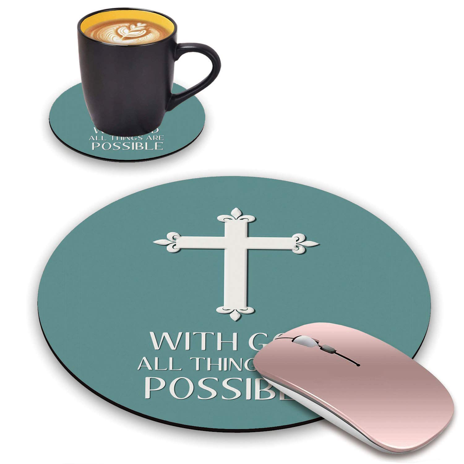 BWOOLL Round Mouse Pad and Coasters Set, Christian Cross Quotes with God All Things are Possible Design Mouse Pad, Non-Slip Rubber Base Mouse Pads for Laptop and Computer