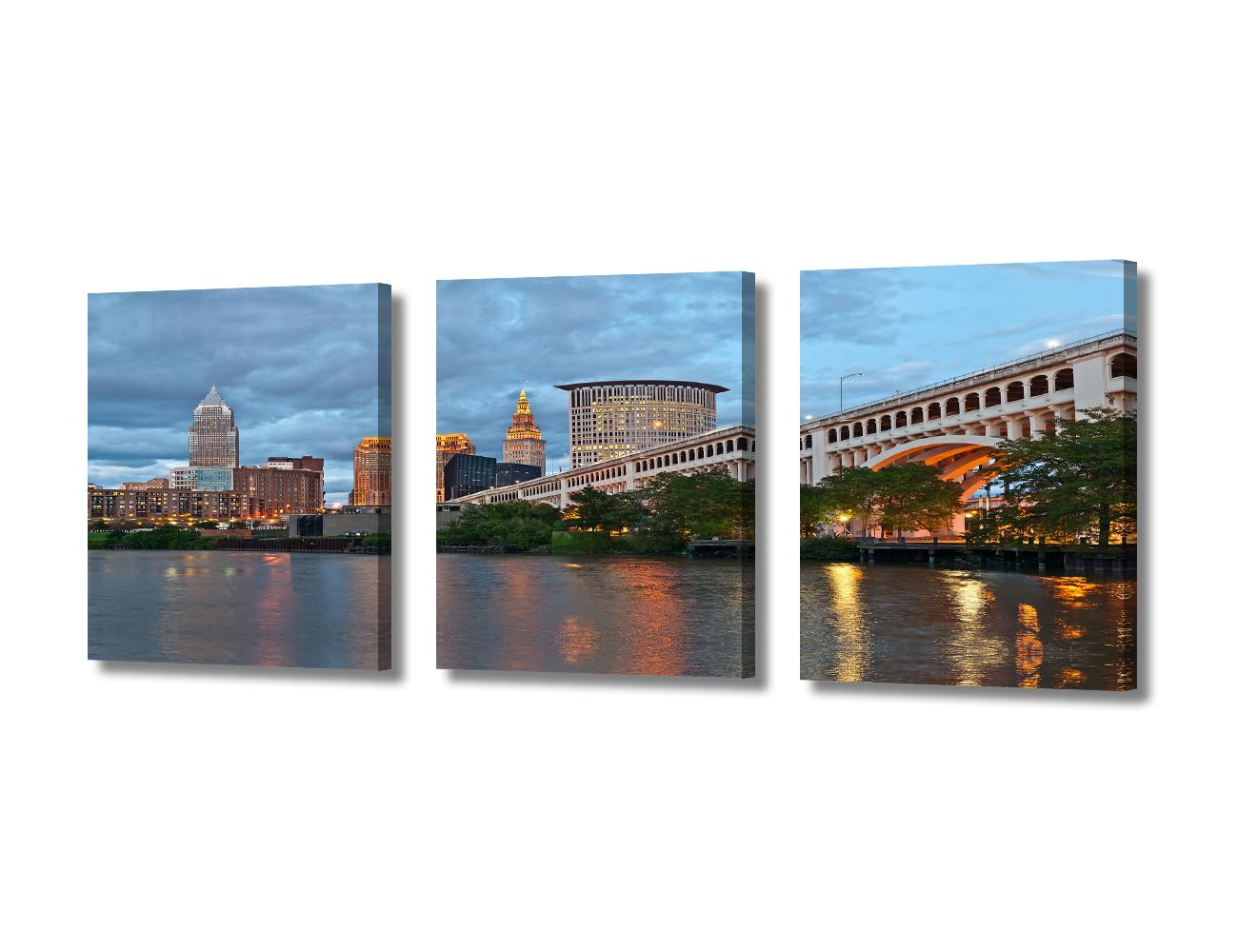 Cityscape Wall Art Cleveland City Skyline Pictures 3 Piece Canvas Paintings Contemporary Artwork City Night View Panorama Posters and Prints Stretched Framed Ready to Hang, 36" Wx16 H