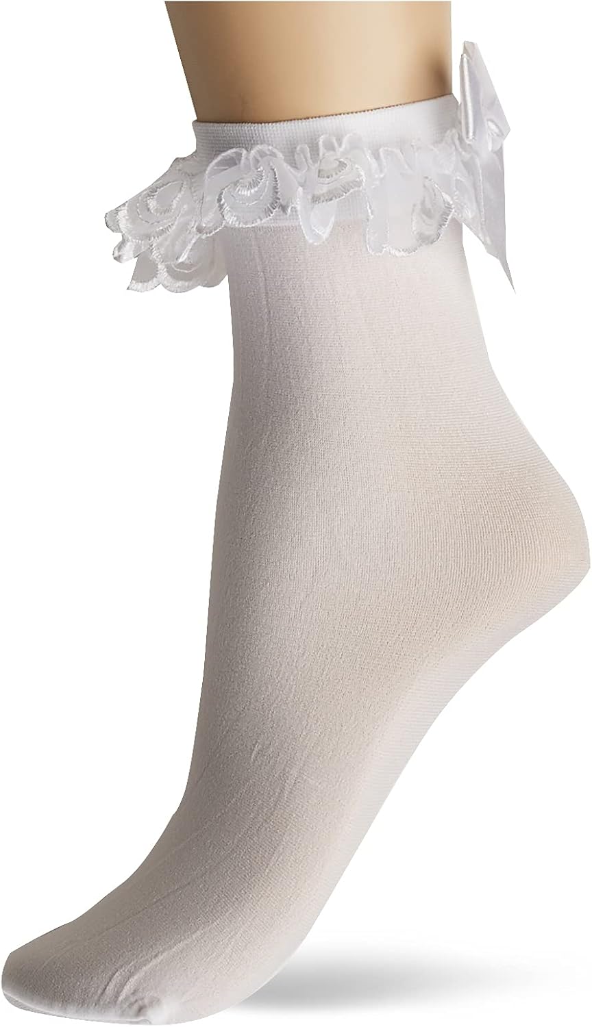 Leg Avenue Women's Ruffle and Satin Bow Anklet Socks, White, One Size, 4-Pairs