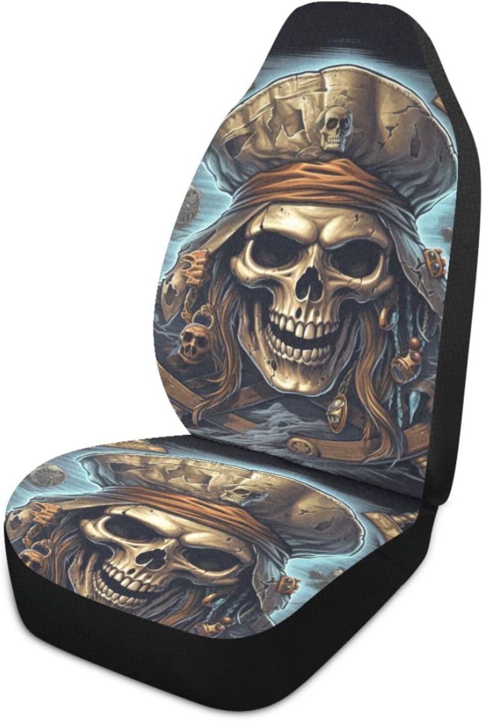 Car Front Seat Covers Pirate Skull with Hat Print, Universal Fit Automotive Seat Protector with Back Pocket 2 Set