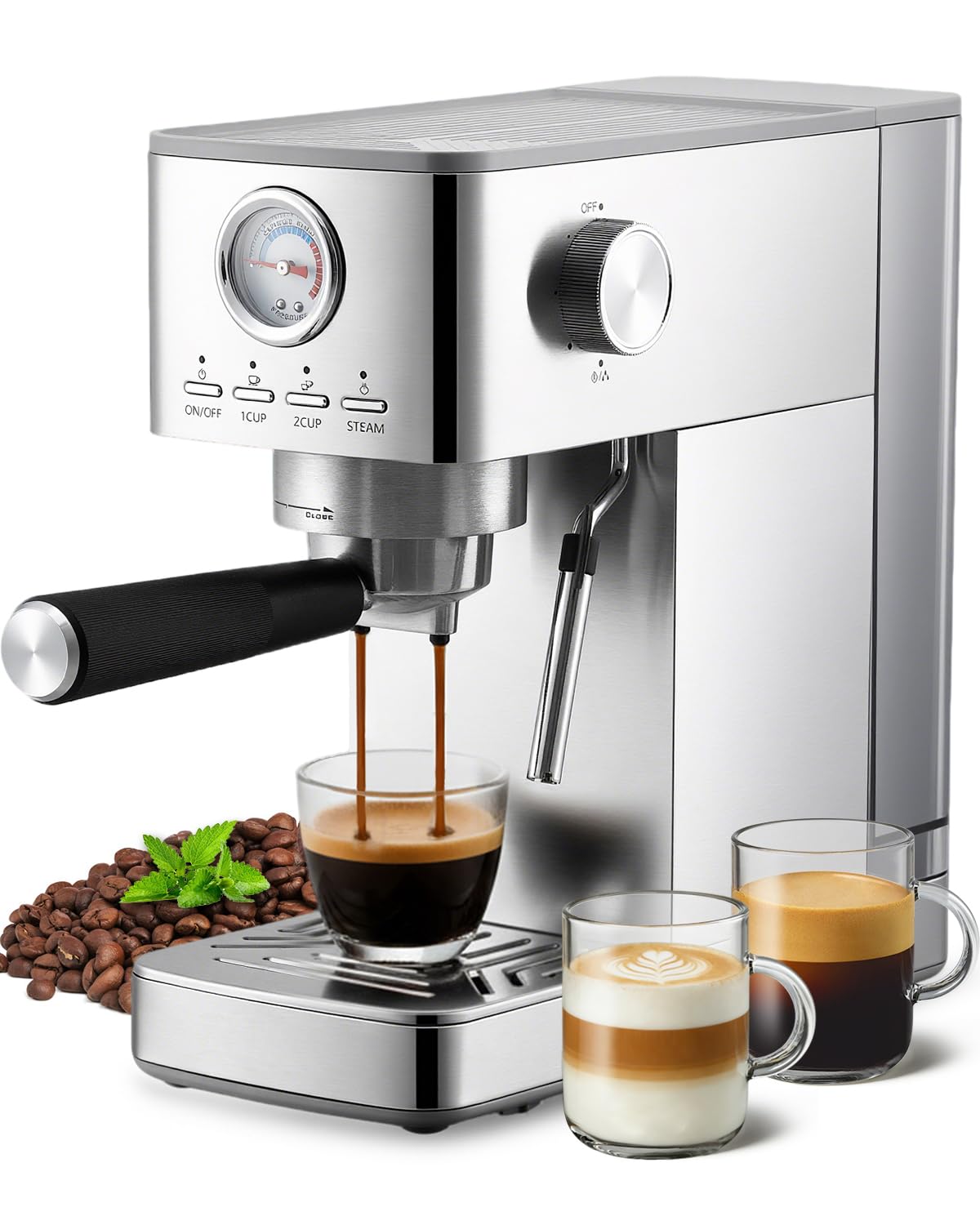 HAUSPROFI Siebträgermaschine Espressomaschine 15 Bar Manometer 1,4L Wassertank Kaffeemaschine Silber