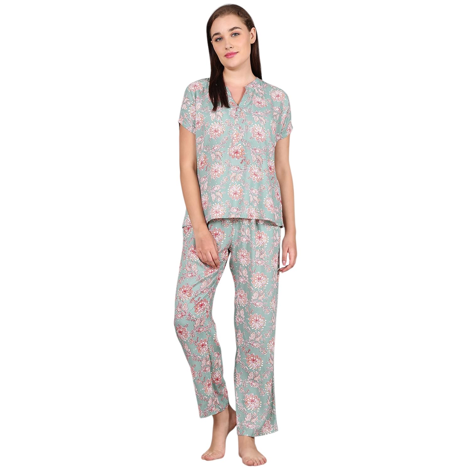 Women's Premium Rayon Night Suit Set in Light Green | Soft & Breathable Floral Print Sleepwear | Short Sleeve Top & Pyjama Set for Women-picture-54