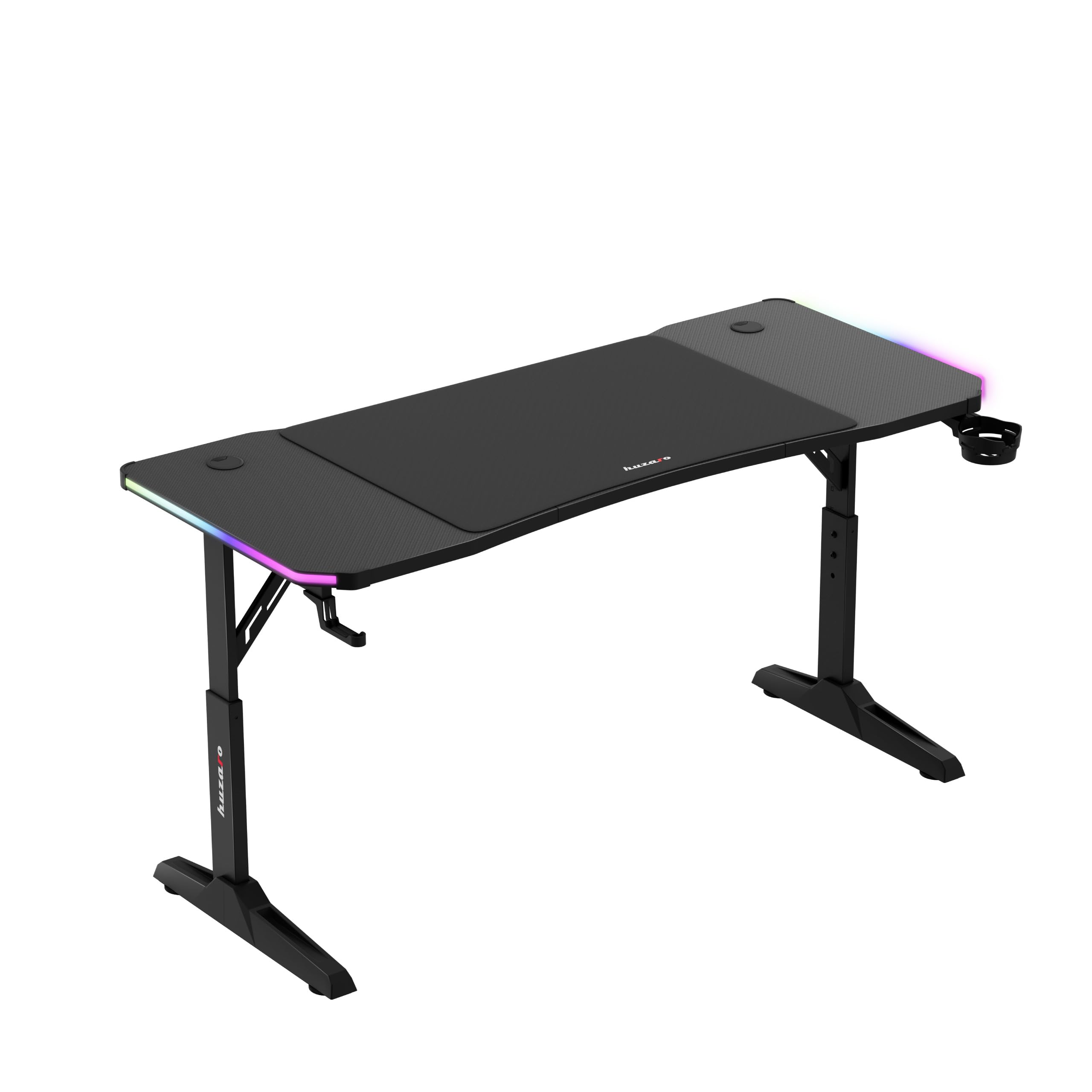 huzaro Hero 3.6 RGB biurko gamingowe, regulowane w wysokości, biurko LED do PC 140×60 cm z powierzchnią z włókna węglowego, XXL podkładka pod mysz, hak na słuchawki i uchwyt na napoje, biurko dla